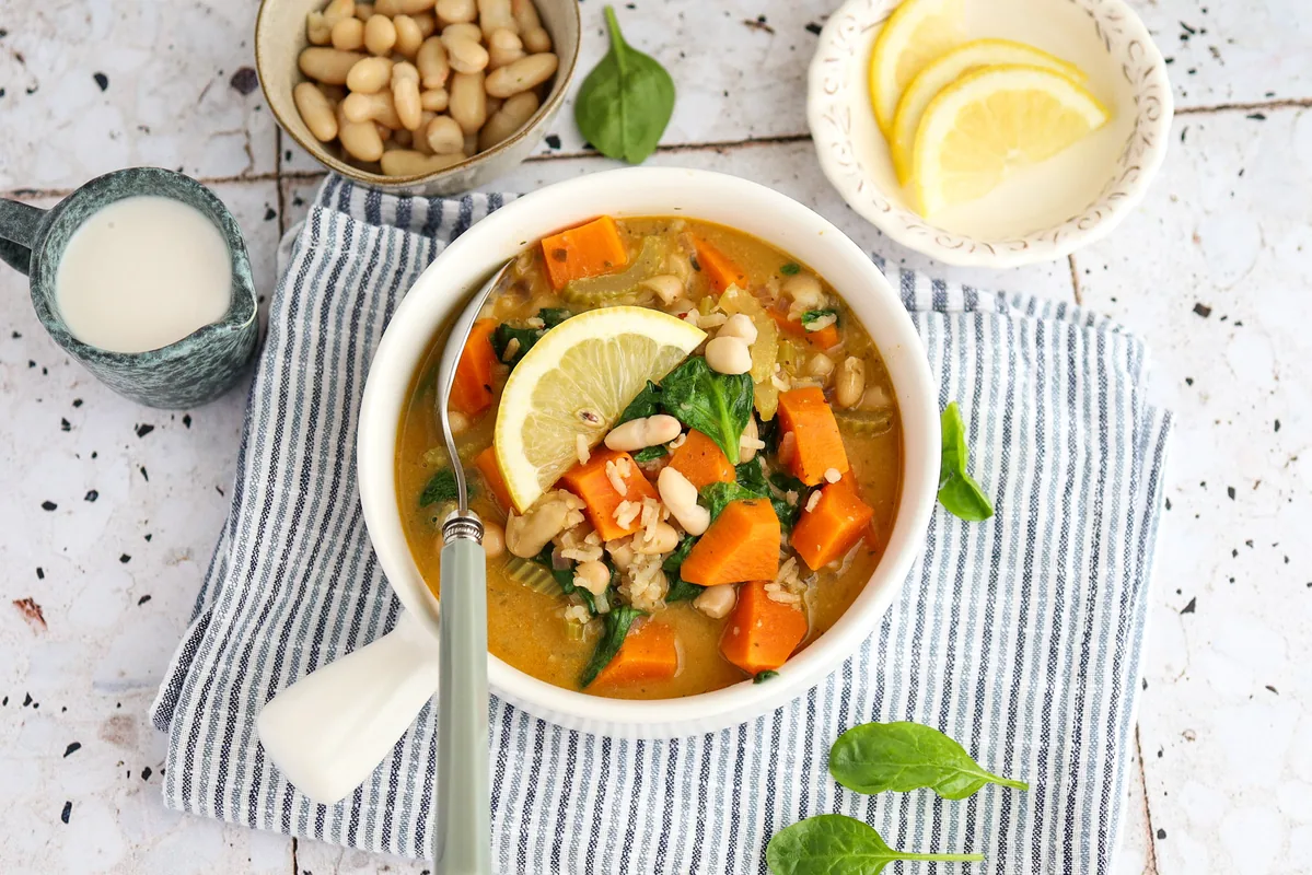 Rice Soup with Sweet Potato, Spinach & Cannellini Beans
