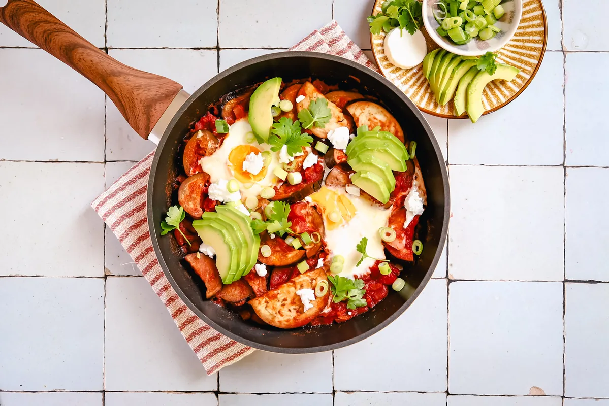 Shakshuka with Eggplant, Avocado & Feta