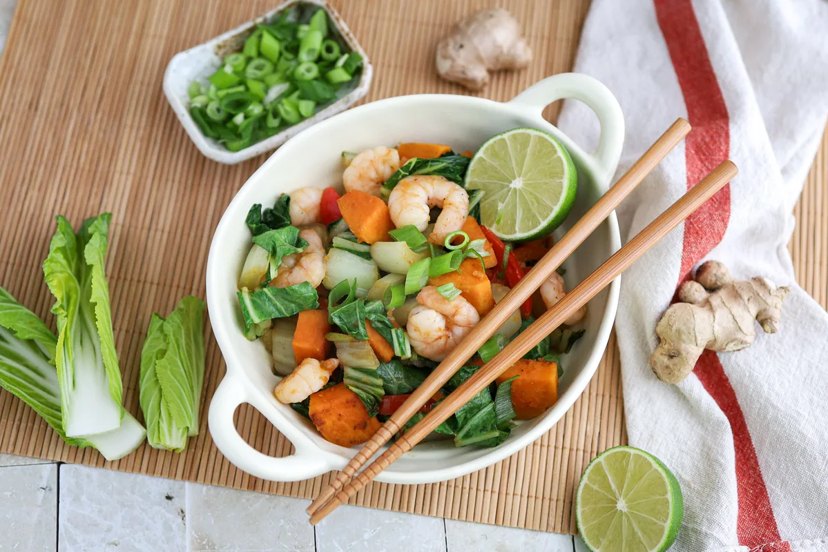 Spicy shrimp stir-fry with sweet potato & bok choy