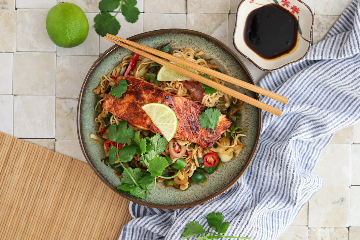 Sweet Chili Noodles with Marinated Salmon