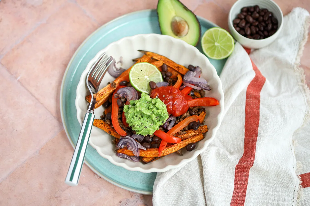 Sweet Potato Fries with Black Beans & Guacamole