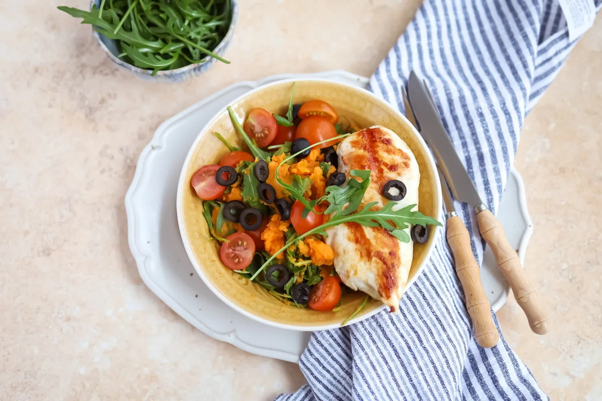 Sweet Potato Mash with Arugula & Chicken Breast