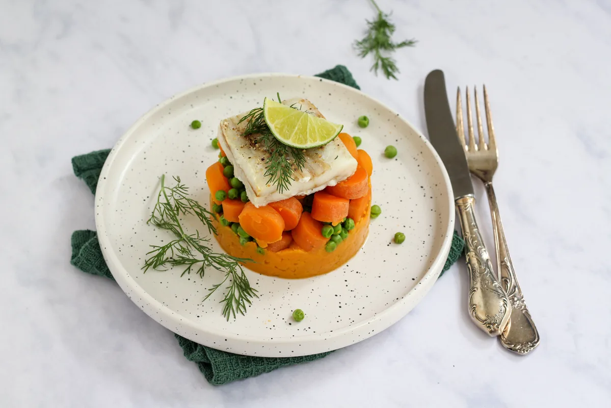 Sweet Potato Mash with Carrots, Garden Peas & Cod