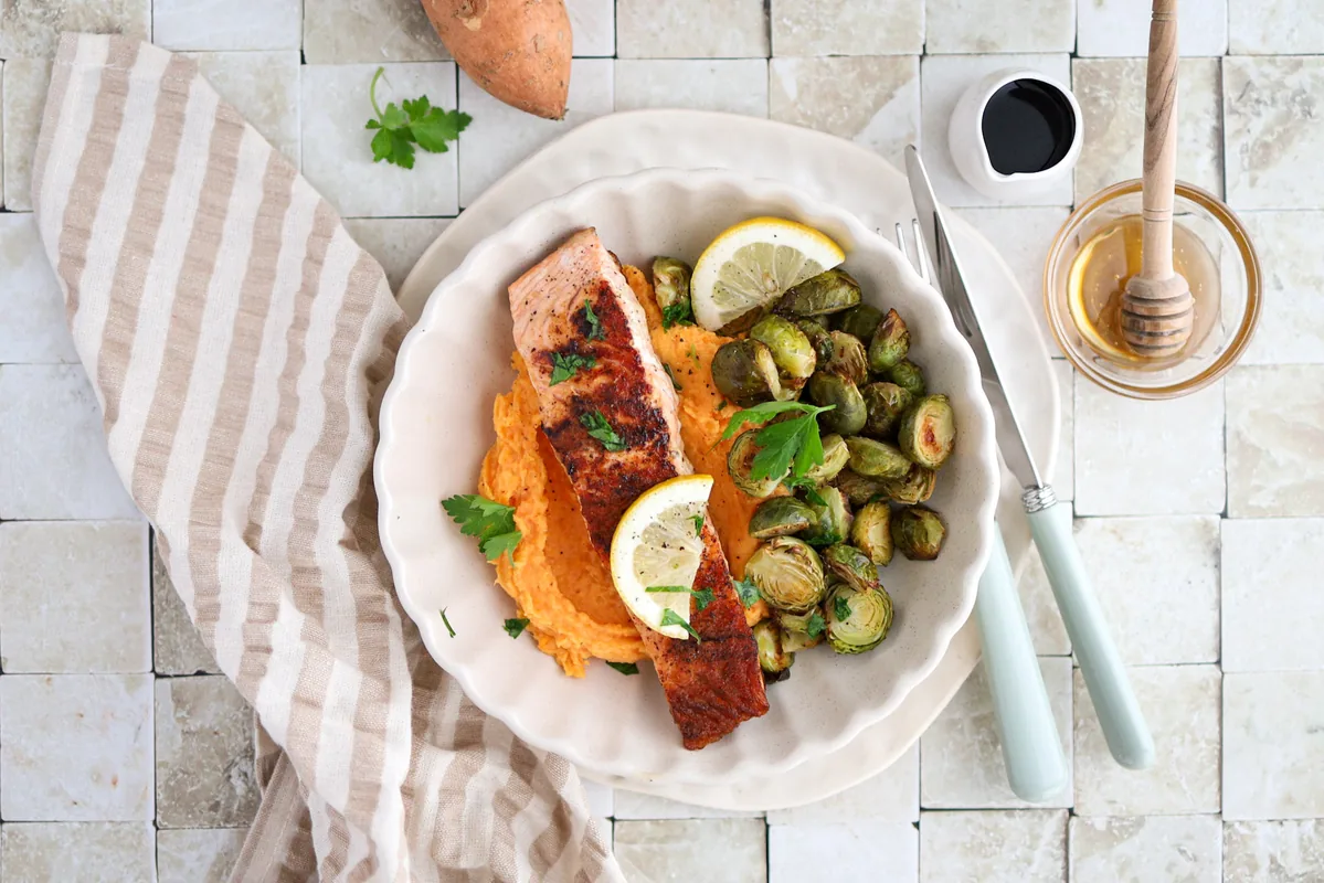 Sweet Potato Mash with Salmon & Roasted Sprouts