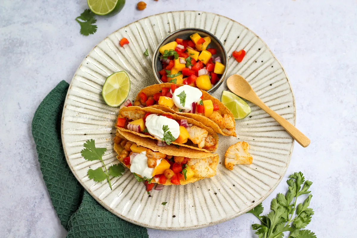 Tacos with Roasted Cauliflower & Mango Salsa