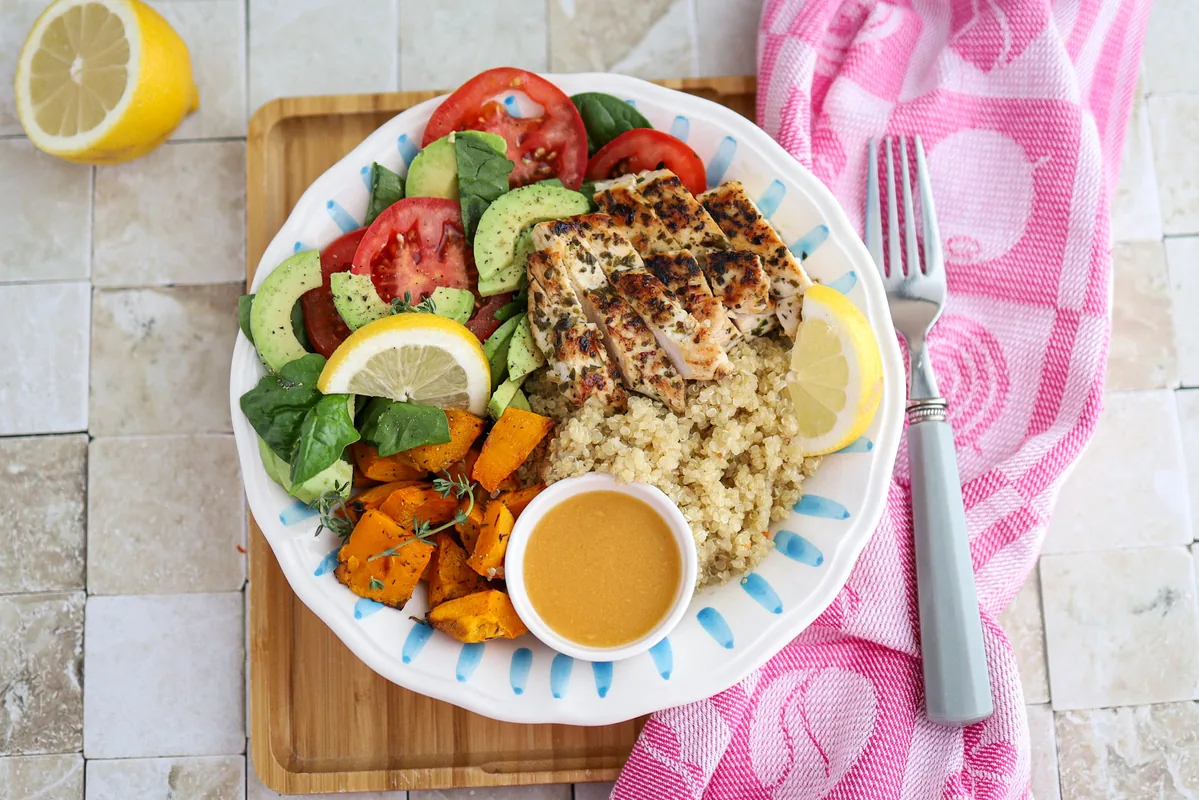 Thyme-Roasted Pumpkin & Chicken Quinoa Bowl