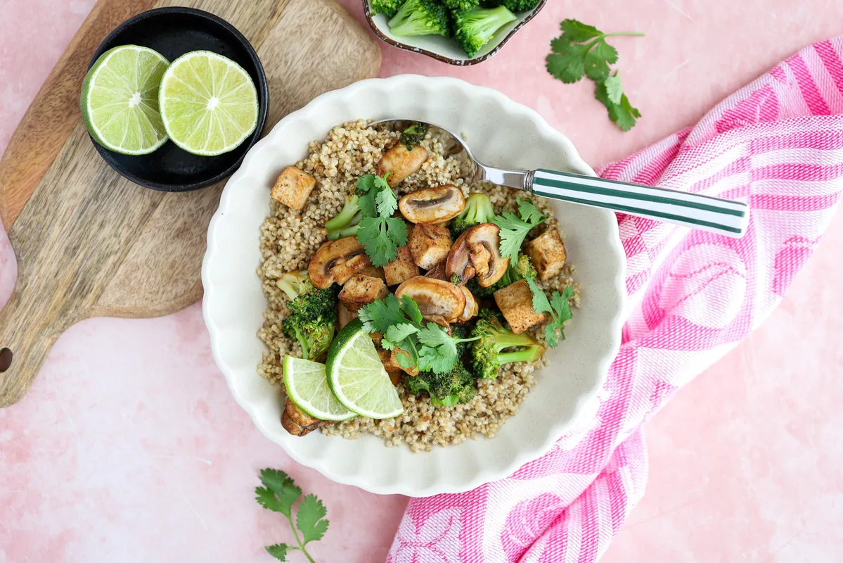 Tofu Quinoa Bowl with Mushrooms & Broccoli