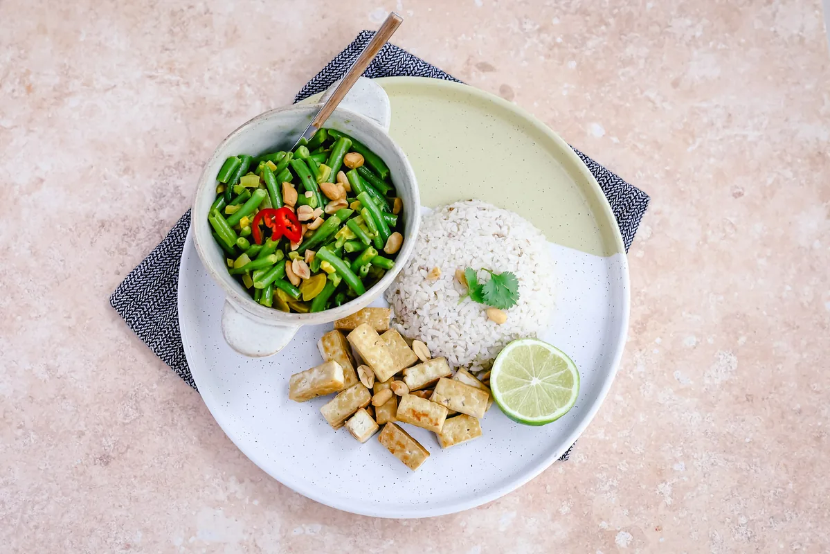 Tofu Rice Bowl with Coconut Green Beans