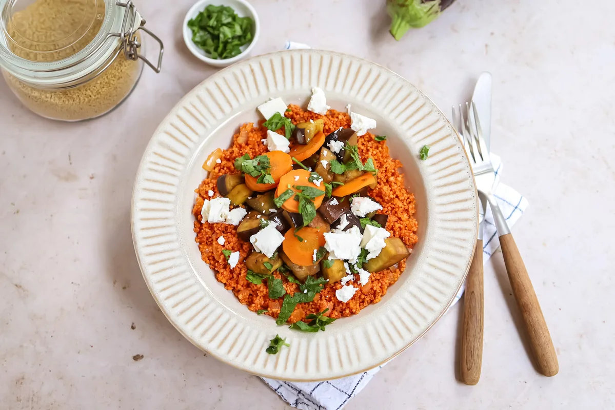 Tomato Couscous with Eggplant, Carrot & Feta