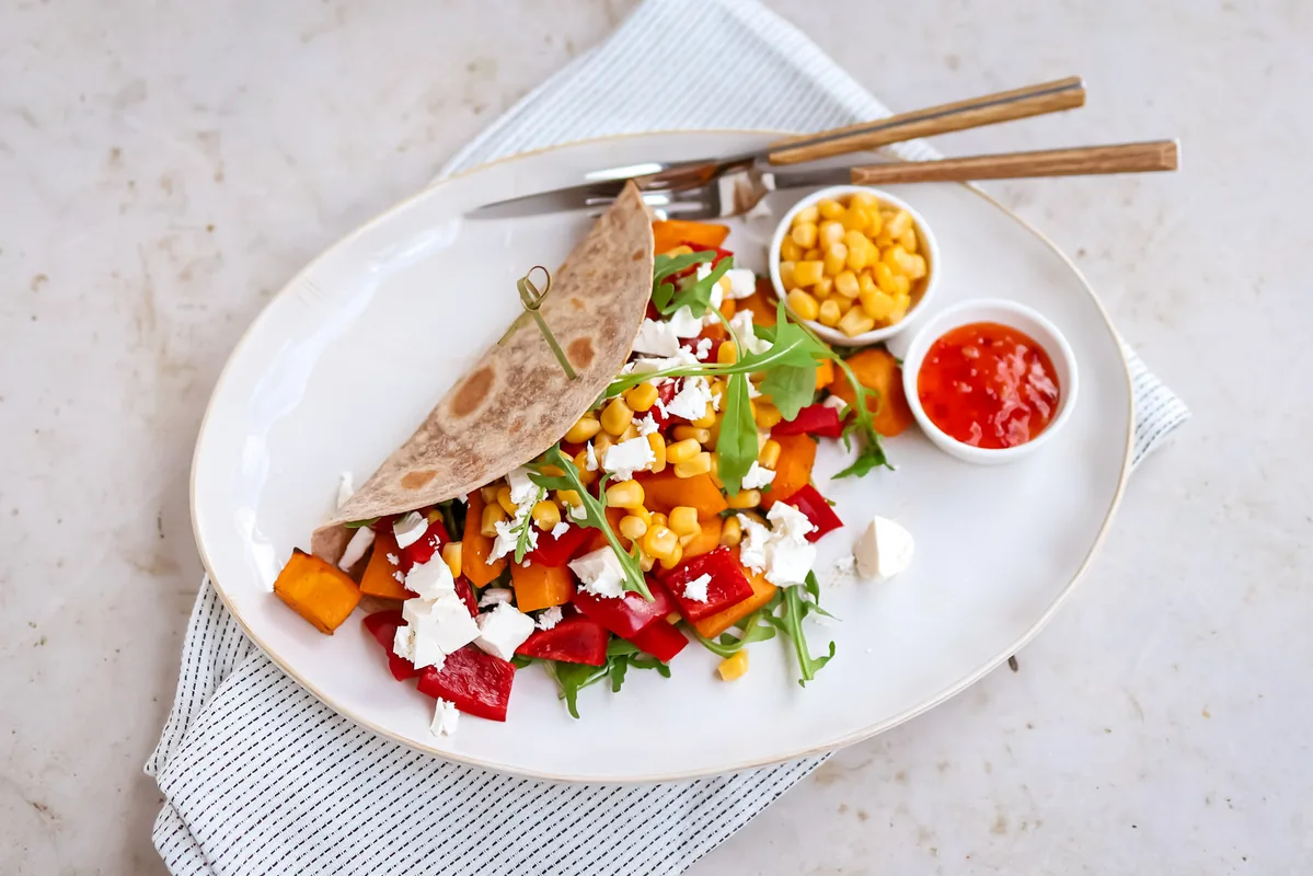 Wrap with Pumpkin, Bell Pepper, Corn & Feta