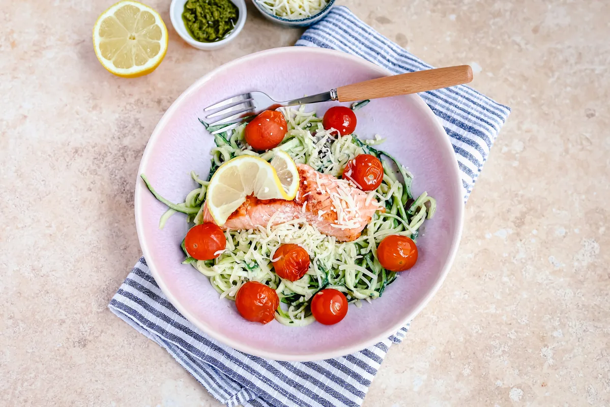 Zoodles with Pesto, Salmon & Roasted Tomatoes